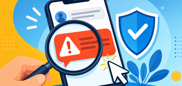 Truffa SIM swapping: messaggio di allerta sospetto sullo smartphone, controllato con una lente di ingrandimento